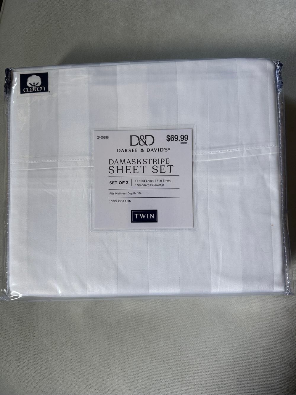 Twin Sheet Set 100% Cotton 400 tc Damask Stripe White